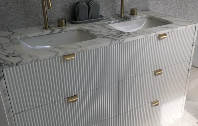 White Polyurethane Vanity With Marble Top Vanity - Custom Timber Furniture - Golden Wood Furniture